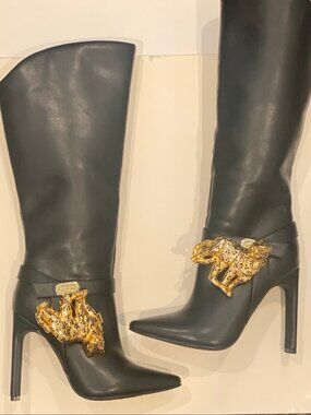 Black Knee-High Stiletto Boots Gold Leopard Embellishment | LA Galerie — Size 12